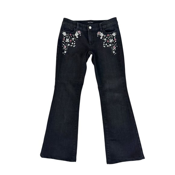 White House Black Market Black Denim Jeans Cropped Kick Flare Rhinestones Size 4 - Picture 1 of 11